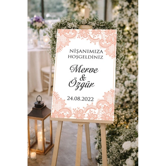 Pembe Detaylı Düğün, Nişan ve Söz Karşılama Panosu – 50x70 cm