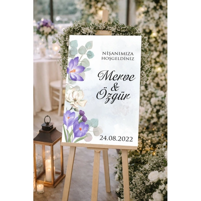 Mor Yeşil Çiçekli Düğün, Nişan ve Söz Karşılama Panosu – 50x70 cm