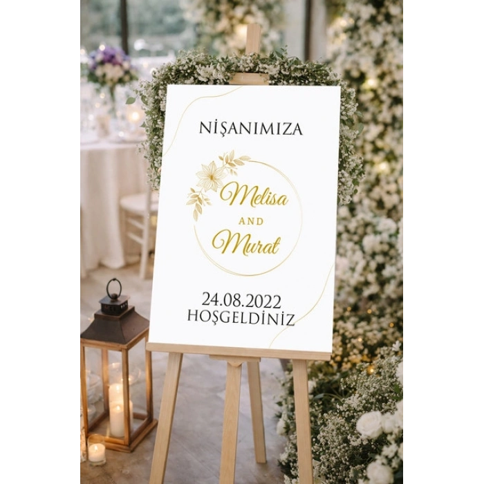 Krem Sade Çiçekli Düğün, Nişan ve Söz Karşılama Panosu – 50x70 cm