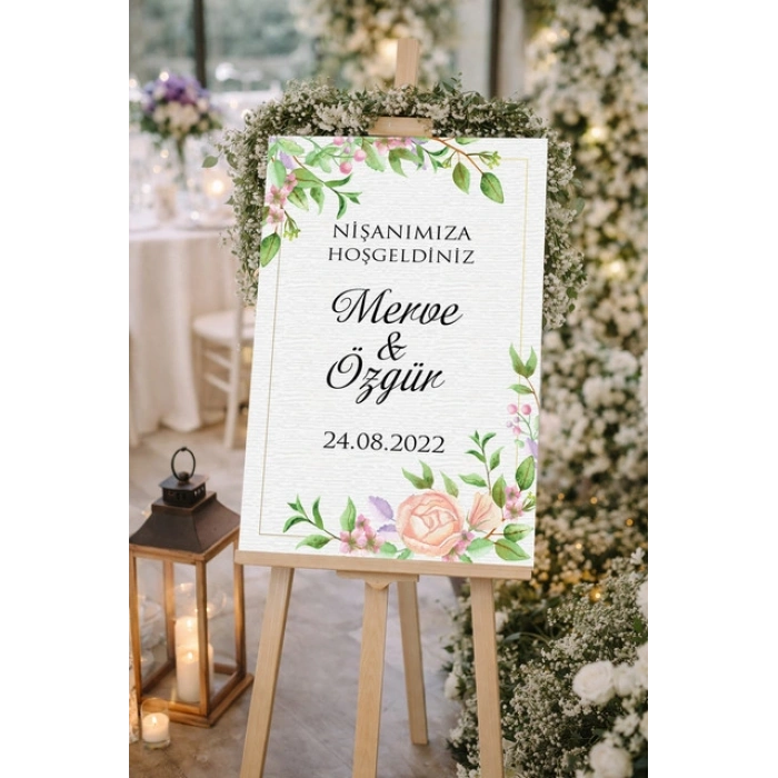 Yeşil Dallı Çiçekli Düğün, Nişan ve Söz Karşılama Panosu – 50x70 cm