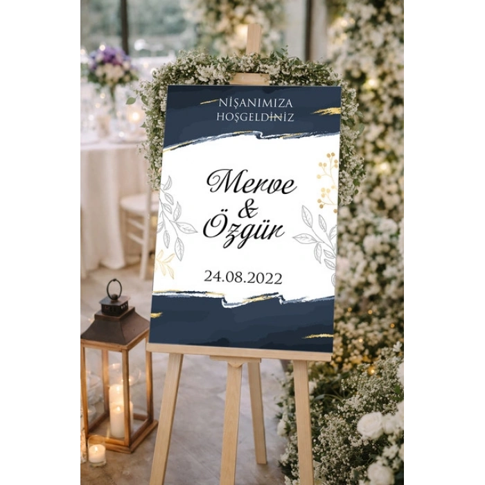 Mavi Gold Detay Çiçekli Düğün, Nişan ve Söz Karşılama Panosu – 50x70 cm