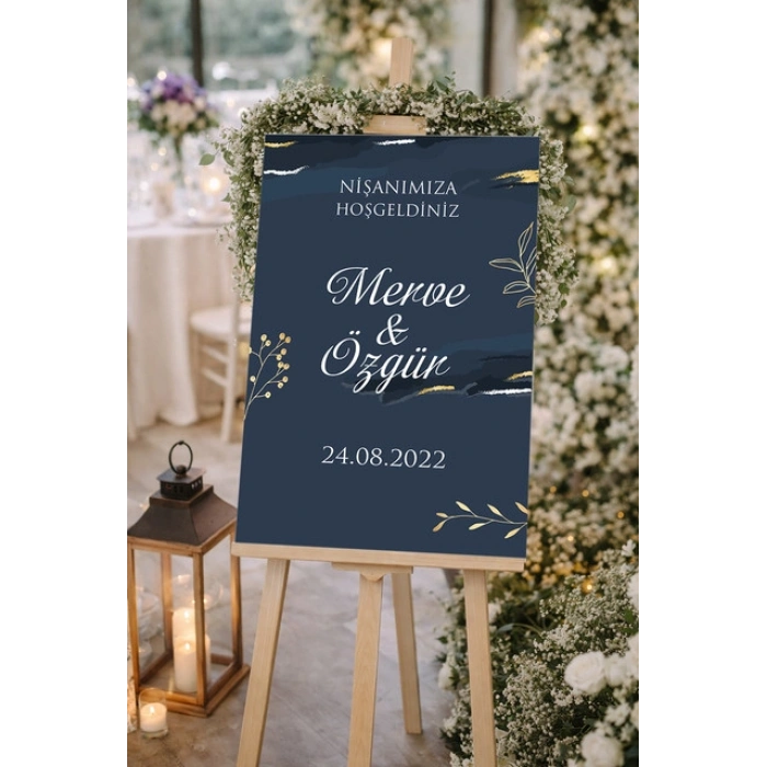 Mavi Gold Detay Çiçekli Düğün, Nişan ve Söz Karşılama Panosu – 50x70 cm