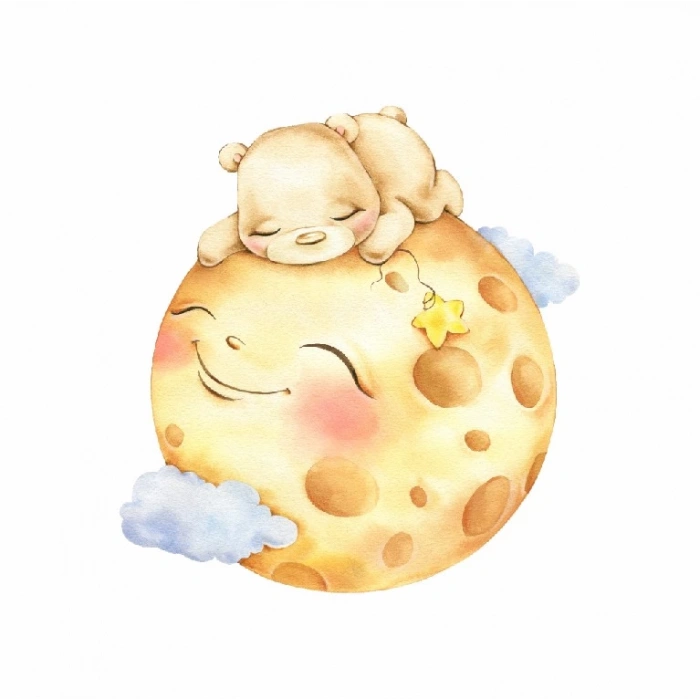 Gülen Ay Üzerinde Uyuyan Ayıcık Duvar Stickerı