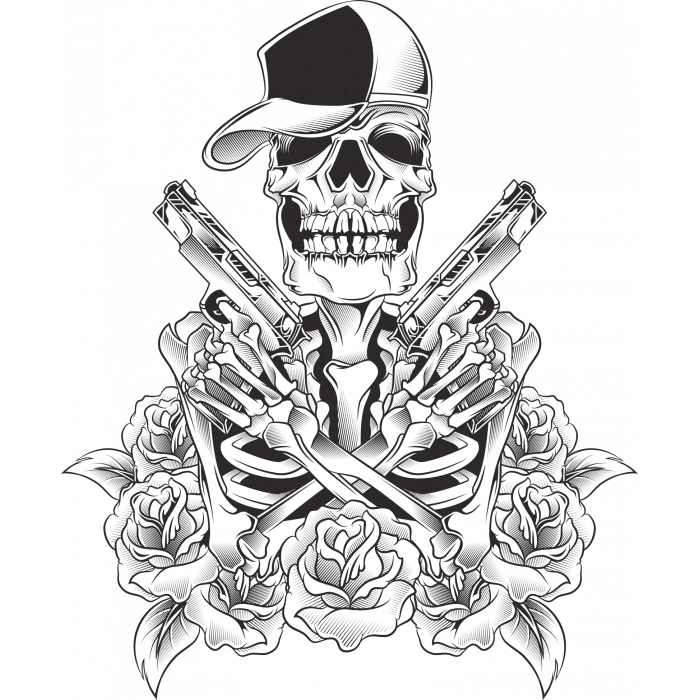 Güllü İskelet ve Silahlar Sticker 10x10 cmRenkli Sticker