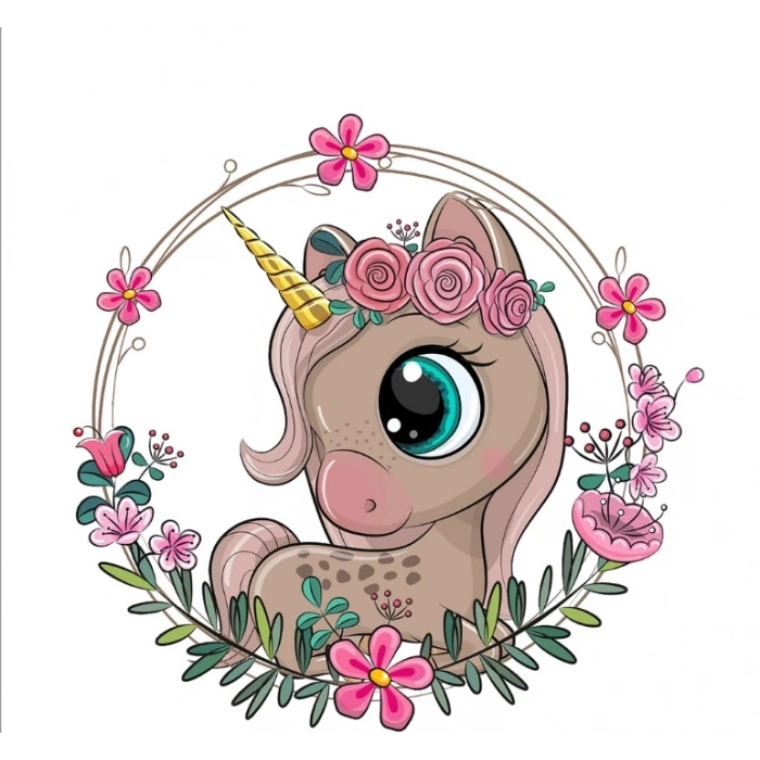 Güllü Tek Boynuzlu At Çiçek Çerçeveli Duvar Stickerı