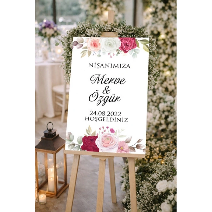Güllü Yuvarlak Düğün, Nişan ve Söz Karşılama Panosu – 50x70 cm
