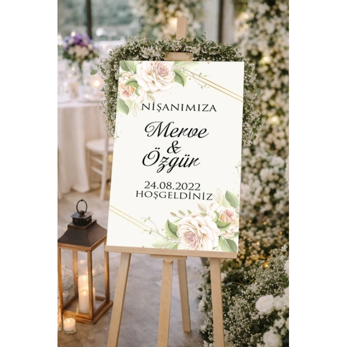 Krem Sade Çiçekli Düğün, Nişan ve Söz Karşılama Panosu – 50x70 cm
