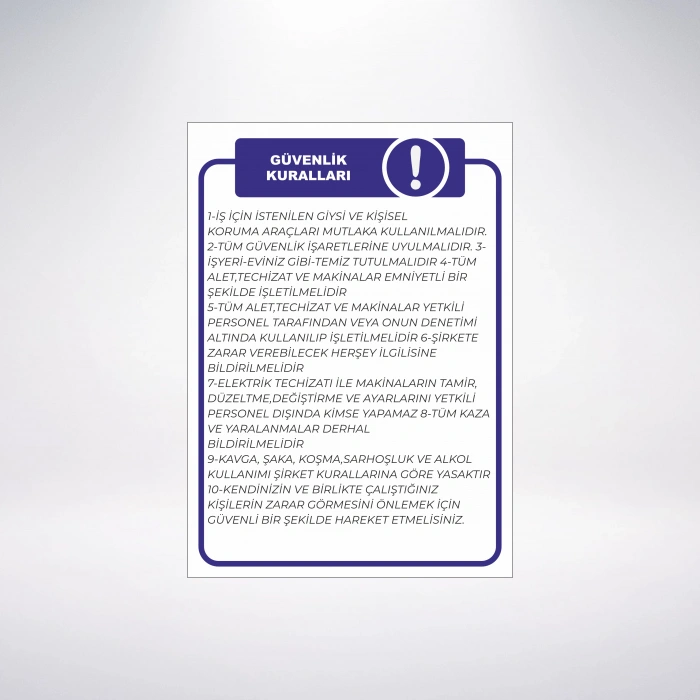 güvenlik kuralları Sticker 20X28 Cm