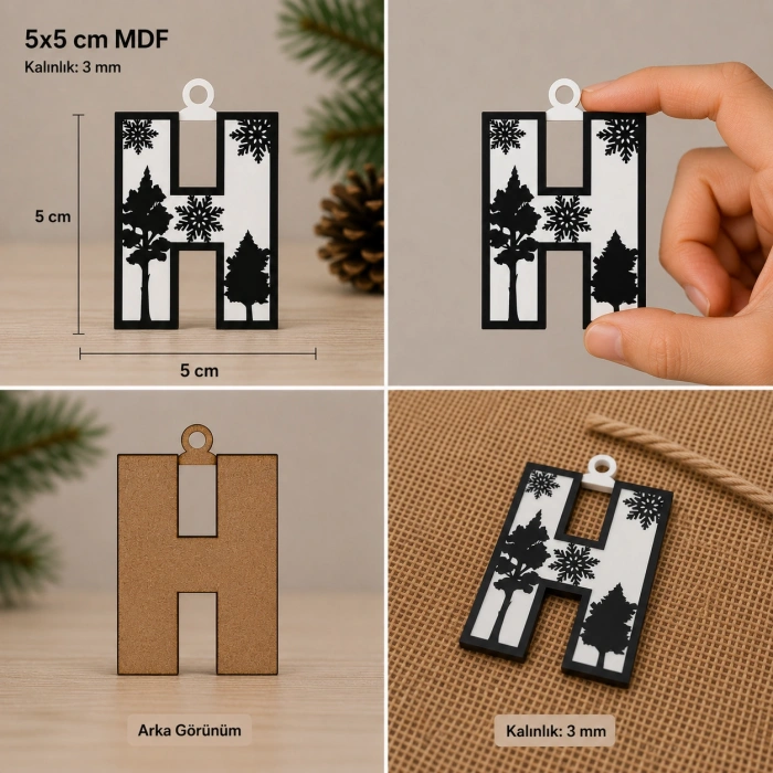 H Harf Yılbaşı Süsü – MDF Çam Ağacı Desenli Asılabilir Dekor (5x5 cm)