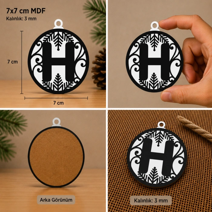 H Harf Yılbaşı Süsü – MDF Çam Ağacı Desenli Asılabilir Dekor (7x7 cm)