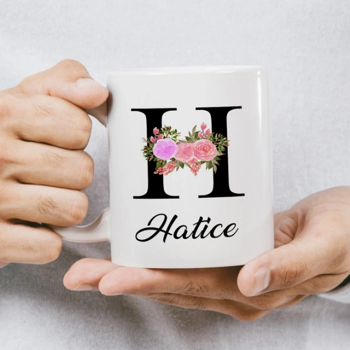 H Harfi Çiçekli İsme Özel Kupa