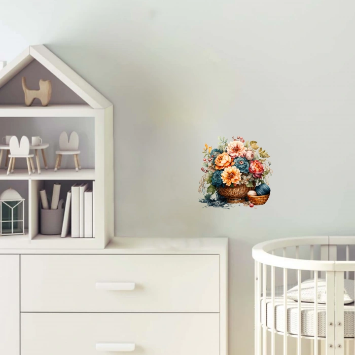 Hasır Sepette Canlı Çiçekler ve İplikler Duvar Stickerı