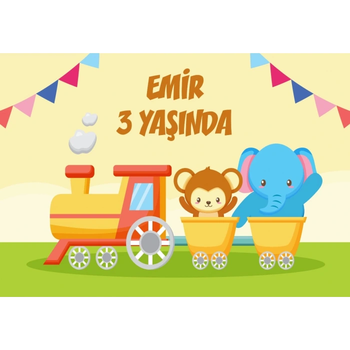 Hayvanlar ve Tren Temalı Doğum Günü Afişi 100X150 cm