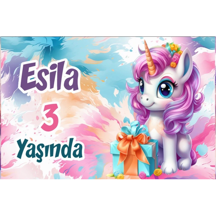 Hediye ve Unicorn Temalı Doğum Günü Afişi 35X50 cm
