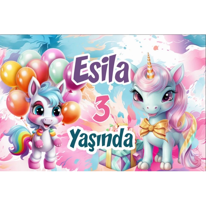 Hediyeler ve Unicornlar Temalı Doğum Günü Afişi 70X100 cm