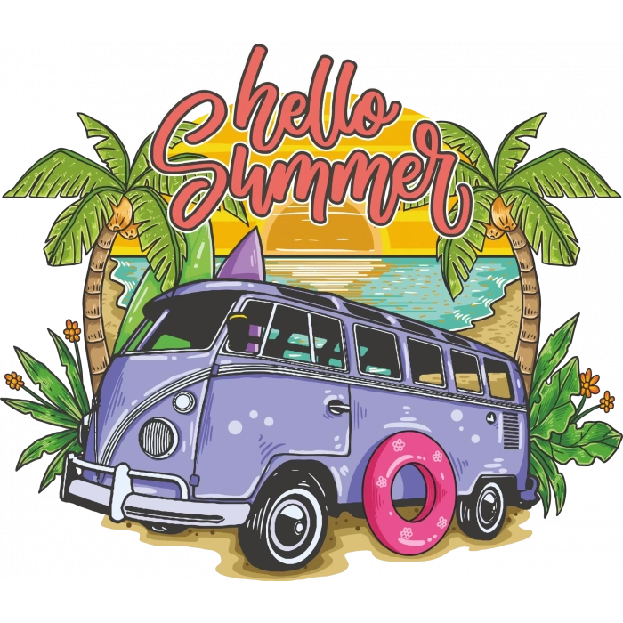 Hello Summer Karavan Sticker 10x10 cmRenkli Sticker