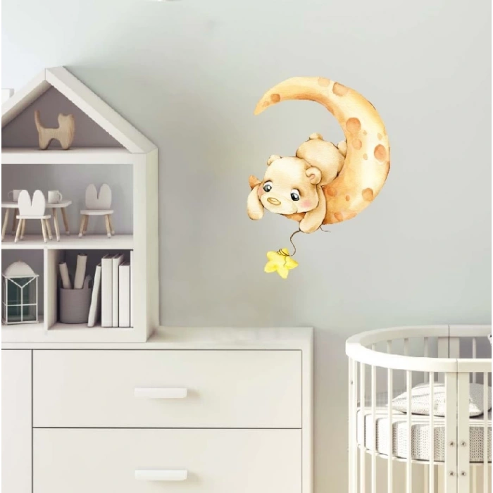 Hilal Üzerinde Sarı Yıldız Tutan Ayıcık Duvar Stickerı