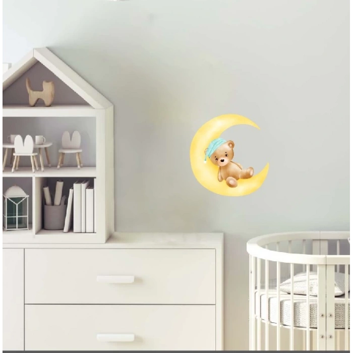 Hilal Üzerinde Uyuyan Şapkalı Ayıcık Duvar Stickerı