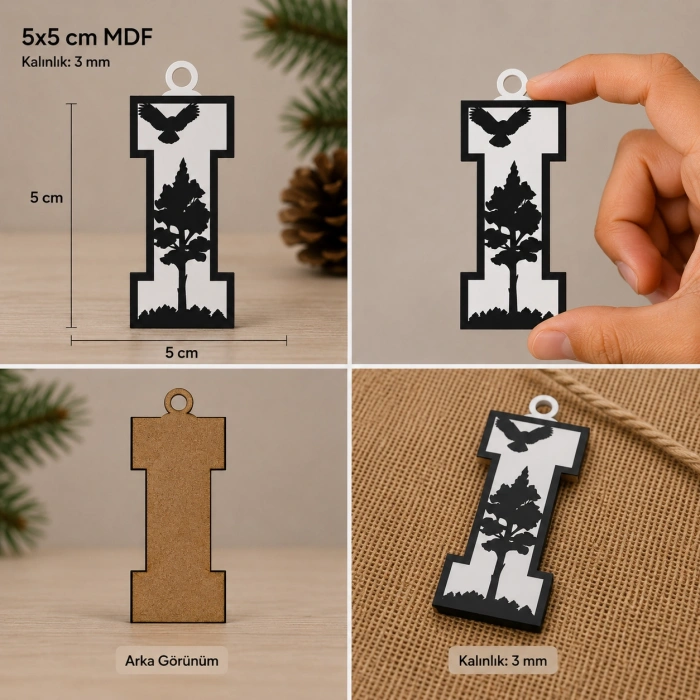 I Harf Yılbaşı Süsü – MDF Çam Ağacı Desenli Asılabilir Dekor (5x5 cm)