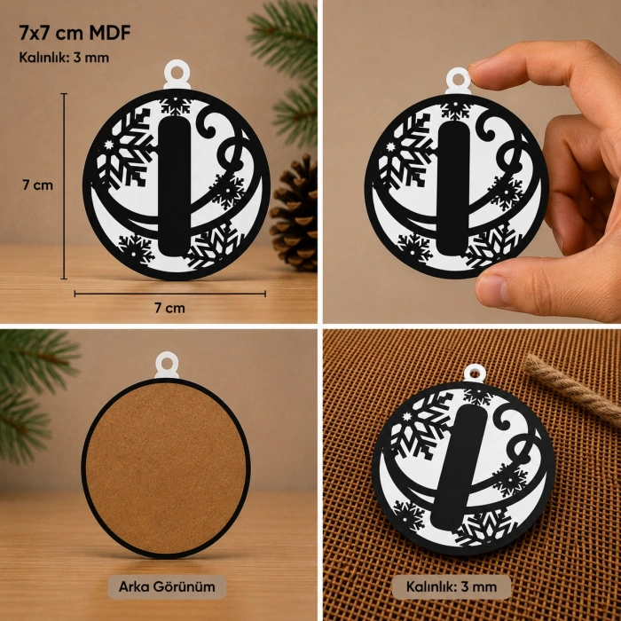 I Harf Yılbaşı Süsü – MDF Çam Ağacı Desenli Asılabilir Dekor (7x7 cm)