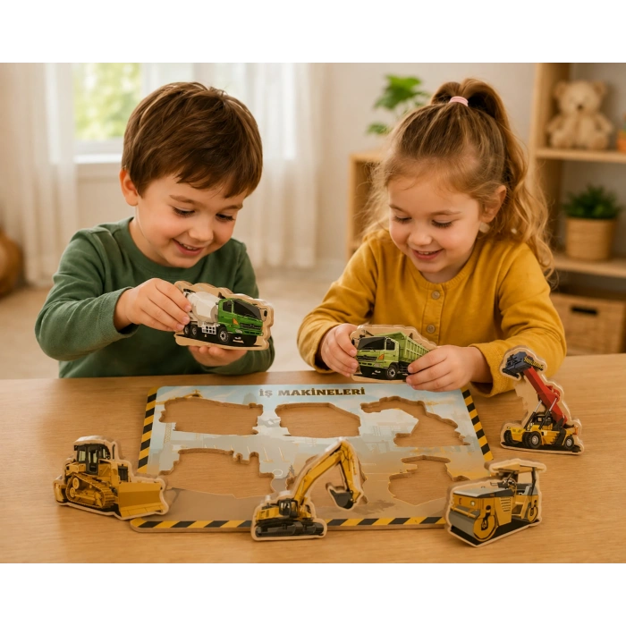 İş Makineleri Ahşap Yapboz Puzzle Oyunu – 30x20 cm Beyaz MDF Eğitici Çocuk Puzzle