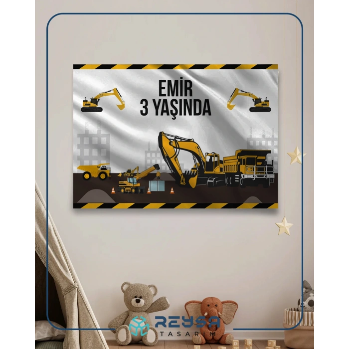 Iş Makinesi Temalı Doğum Günü Afişi 100x150 Cm