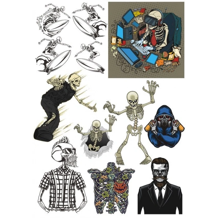 İskelet Kuru Kafa Sticker Set-2 15 Parça Telefon, Tablet, Defter, Laptop Sticker
