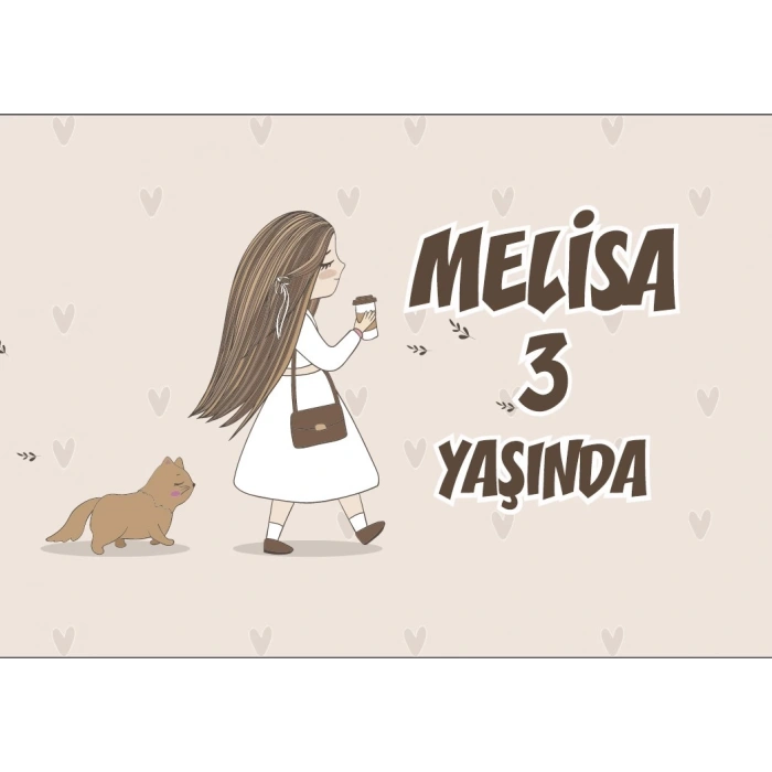 Kahve İçen Kız Kedi Temalı Doğum Günü Afişi 70X100 cm