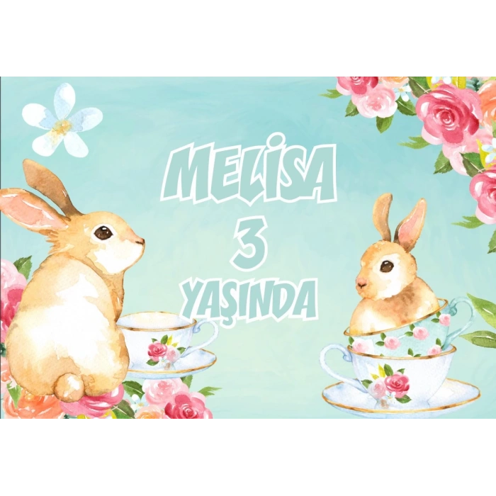 Çiçek ve Tavşan Temalı Doğum Günü Afişi 50X70 cm