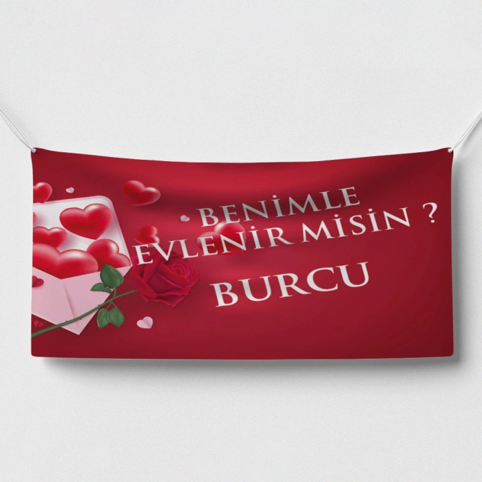 Kalp ve Gül Temalı Benilme Evlenir misin Afişi 200x100 Cm