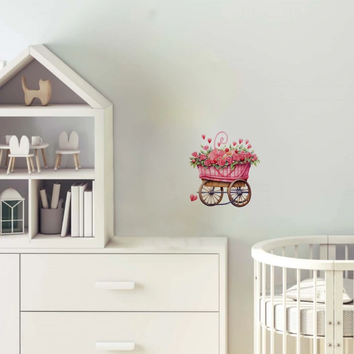 Kalpli ve Çiçekli Pembe El Arabası Duvar Stickerı