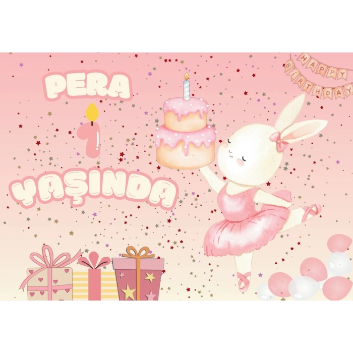 Tavşan ve Pasta Temalı Doğum Günü Afişi 100X150 cm