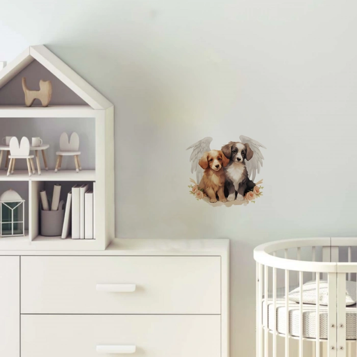 Kanatlı İki Köpek ve Çiçekler Duvar Stickerı