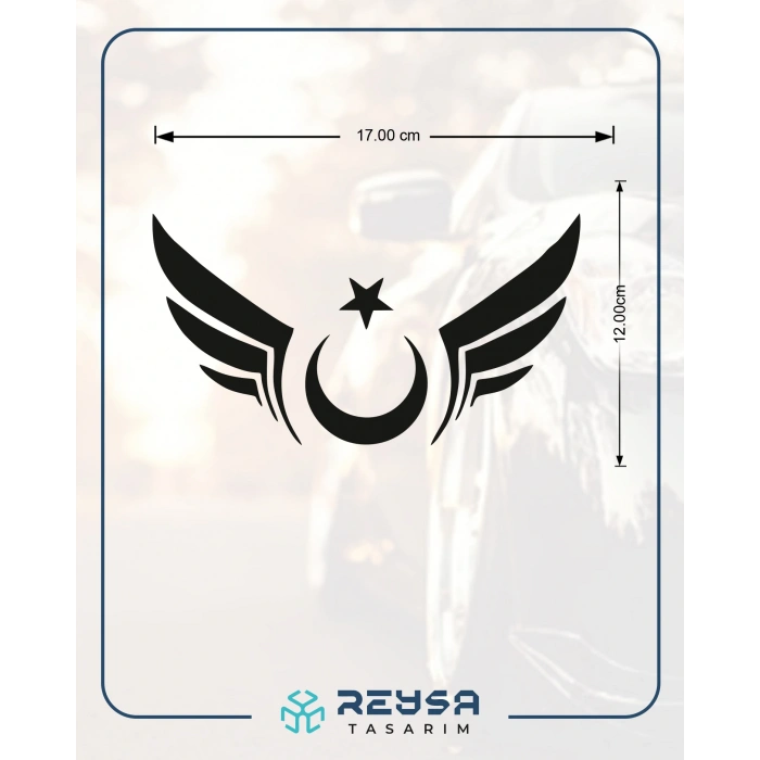 Kanatlı Türk Bayrağı Araba Sticker 17x17 Cm Siyah