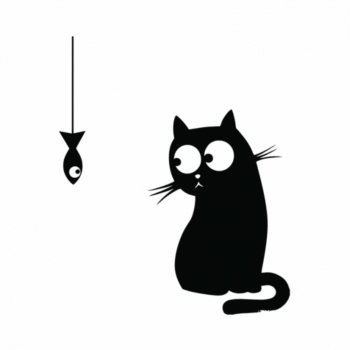 Kedi ve Balık Buzdolabı Stickerı – Siyah Siluet Tasarım 17x17cm