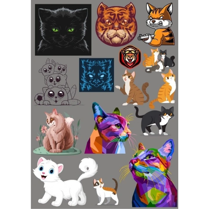 Kediler Sticker Set 7 16 Parça Telefon, Tablet, Defter, Laptop Sticker