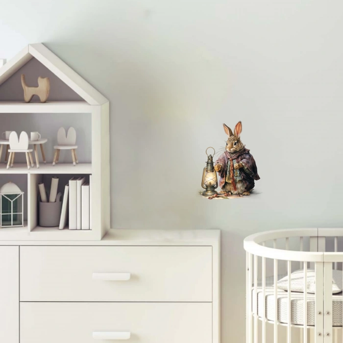 Kıyafetli ve Fenerli Tavşan Duvar Stickerı - Mor Tonlar