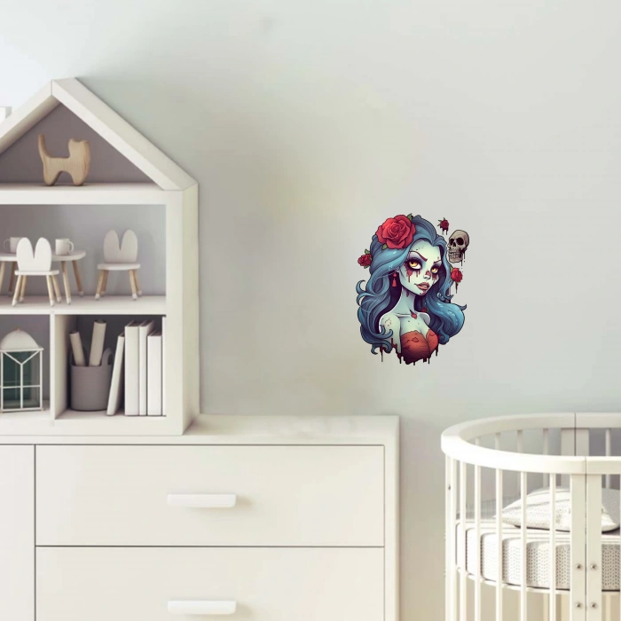 Kızıl Güllü ve Kafataslı Zombi Kız Duvar Stickerı