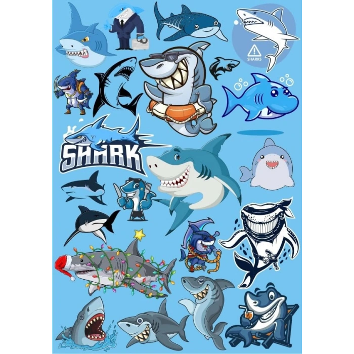 Köpek Balığı Sticker Set 16 Parça Telefon, Tablet, Defter, Laptop Sticker