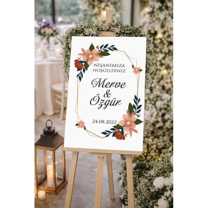 Krem Çiçekl ve Çerçeveli  Düğün, Nişan ve Söz Karşılama Panosu – 50x70 cm