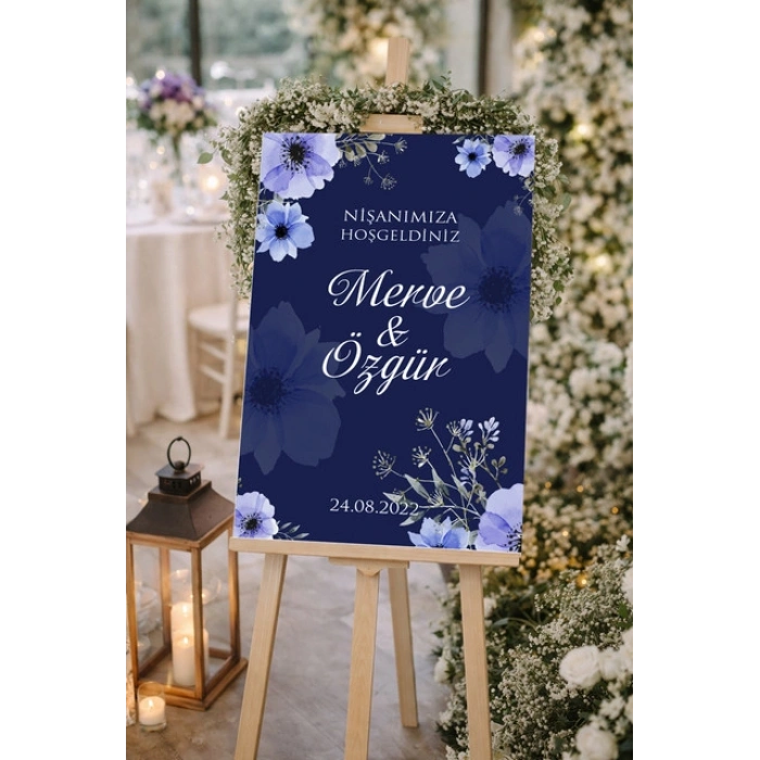 Mor Çiçekli  Düğün, Nişan ve Söz Karşılama Panosu – 50x70 cm