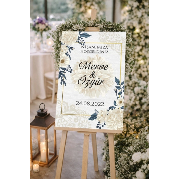 Krem Beyaz Çiçekli Düğün, Nişan ve Söz Karşılama Panosu – 50x70 cm