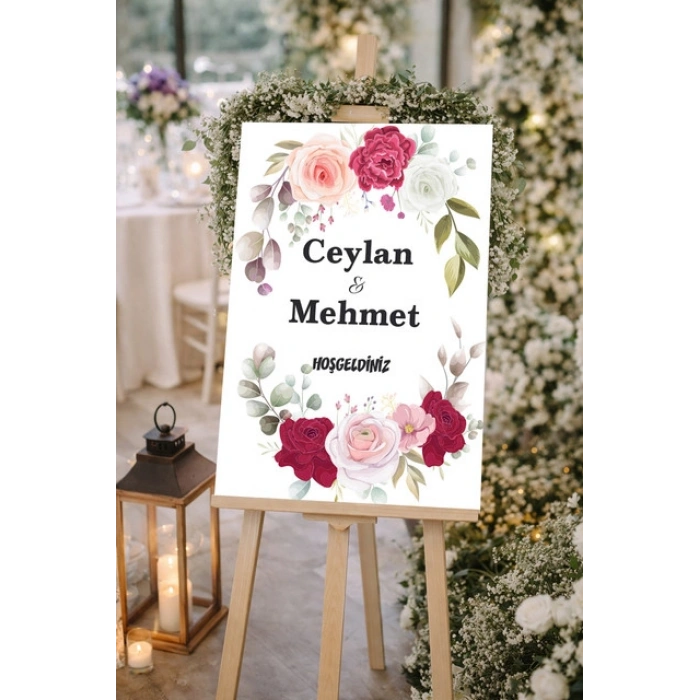 Güllü Yuvarlak Düğün, Nişan ve Söz Karşılama Panosu – 50x70 cm