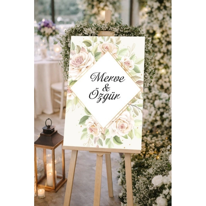 Krem Sade Çiçekli Düğün, Nişan ve Söz Karşılama Panosu – 50x70 cm