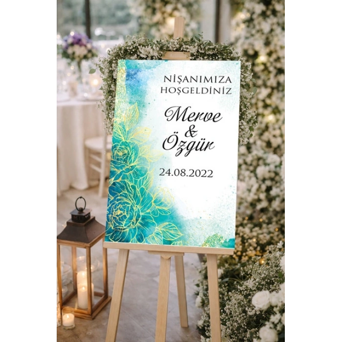 Mavi Gold Detay Çiçekli Düğün, Nişan ve Söz Karşılama Panosu – 50x70 cm