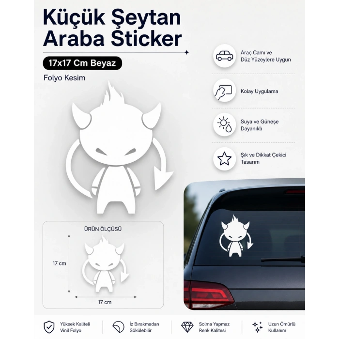 Küçük Şeytan Araba Sticker 17x17 Cm Beyaz