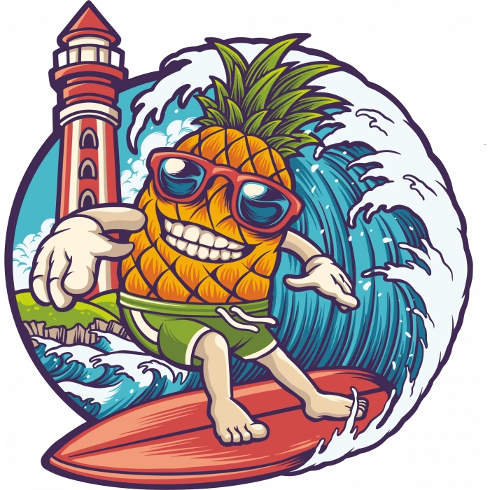 Sörf yapan ananas Sticker 10x10 cmRenkli Sticker