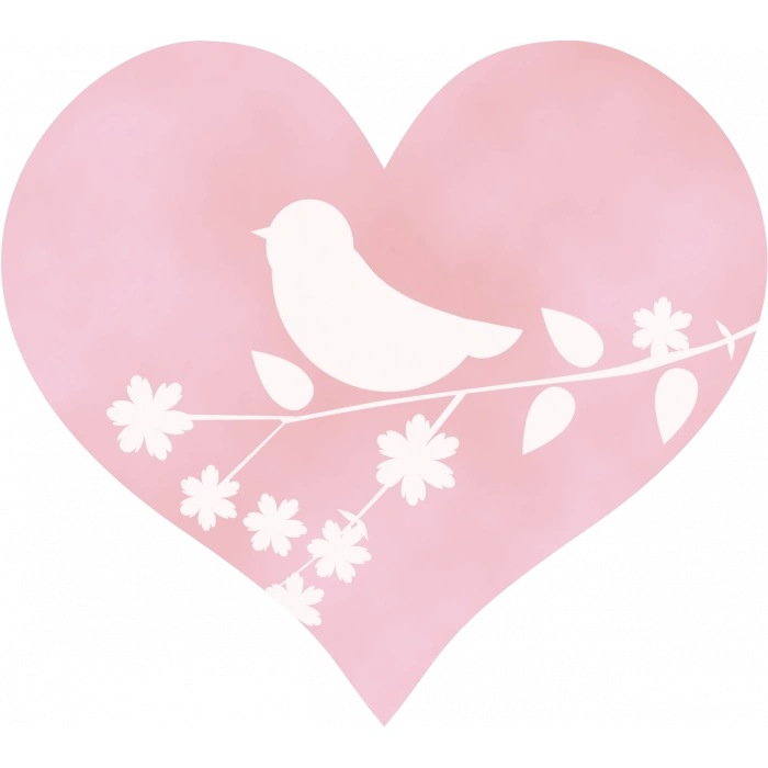 Kuş ve Çiçek Silüetli Pembe Kalp Duvar Stickerı