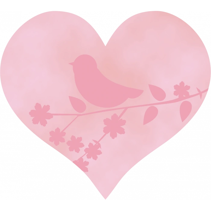 Kuş ve Çiçek Silüetli Pembe Kalp Duvar Stickerı