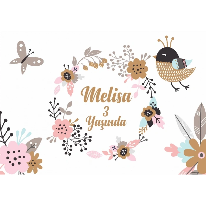 Kuş ve Çiçek Temalı Doğum Günü Afişi 35X50 cm